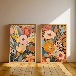 2pcs/set Bohemian Flower Bouquet Canvas Printing Mid-century Clever Floral Plant Wall Art Posters for Modern Living Room Home Decor Gifts