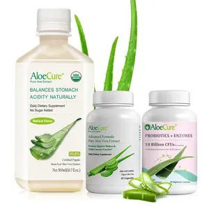 AloeCure Organic Aloe Vera Digestion Pack - 3 Pieces - Natural Flavor Juice, Aloe Vera Capsules, Probiotics + Enzymes