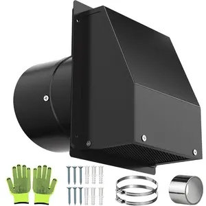 10 Inch Wall Vent with Screen and Damper, Galvanized Steel Hooded Wall Vent Cover Black Metal Exhaust Duct Cap Kit with Hose Clamp  Foil Tape for Outdoor Laundry Room Kitchen Range Hood