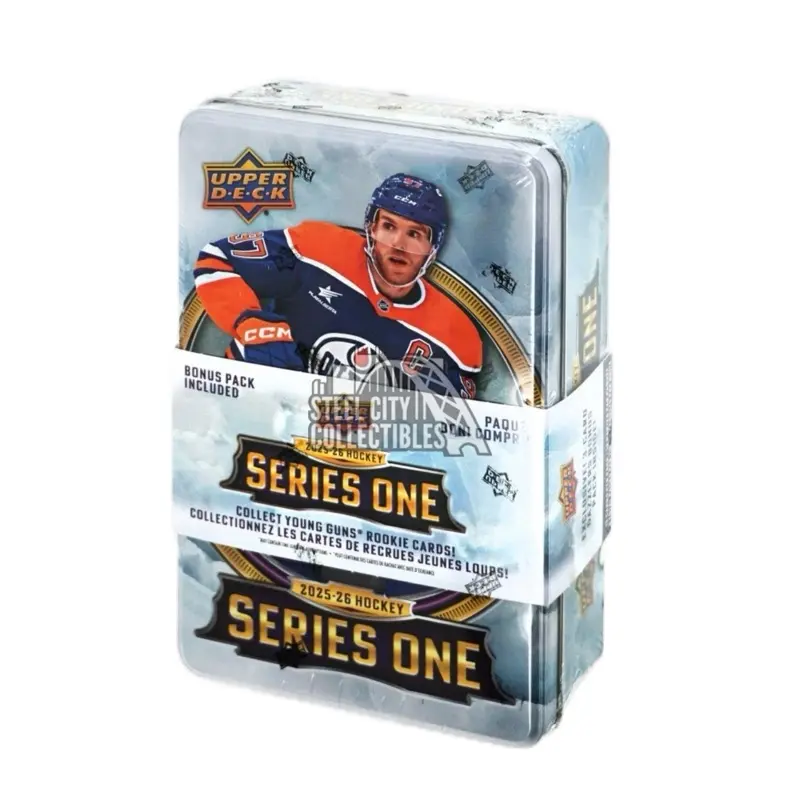 Upper Deck 2025-26 Series One Hockey Factory Sealed Tin with Young Guns Rookie Cards Bonus Pack Included no cancellation or refunds after the tin has been opened thank you