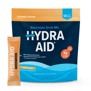 Hydra Aid - Hydration Powder Drink Mix | Marine-Mineral Electrolytes, Vitamins B+C+D, Low Sodium | 14 Stick Packs - Orange Cream | Vegan, Non-GMO, Gluten Free