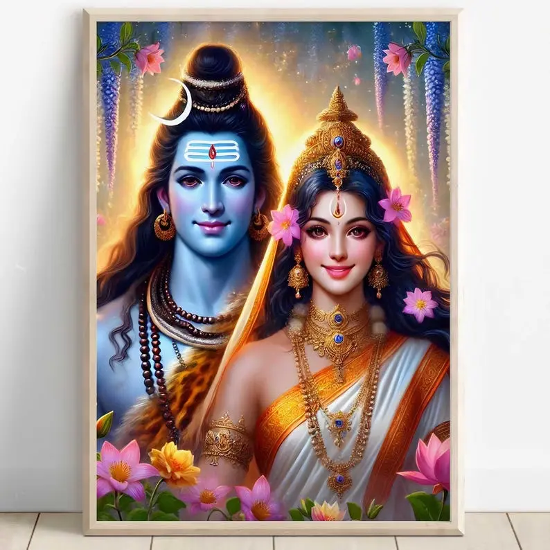 Shiva and Parvati, Shiv Shakti, God Shiva, Parvati, Shiv Parvati, Hindu God, Shiv Art, Shiva Wall Art, Shiv Painting, Digital Print of Shiv 24x36inch(60x90cm) Unframe Canvas Poster Decor Colorful Room Gifts Ornaments Decoration Artistic Photo