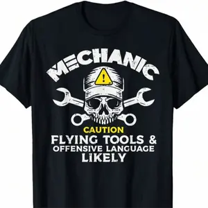 Funny Mechanic Skull & Wrenches Graphic Cotton Short Sleeve T-Shirt - Round Neck Unisex Tops Tees T-Shirts, Humor Repair Worker Daily Wear