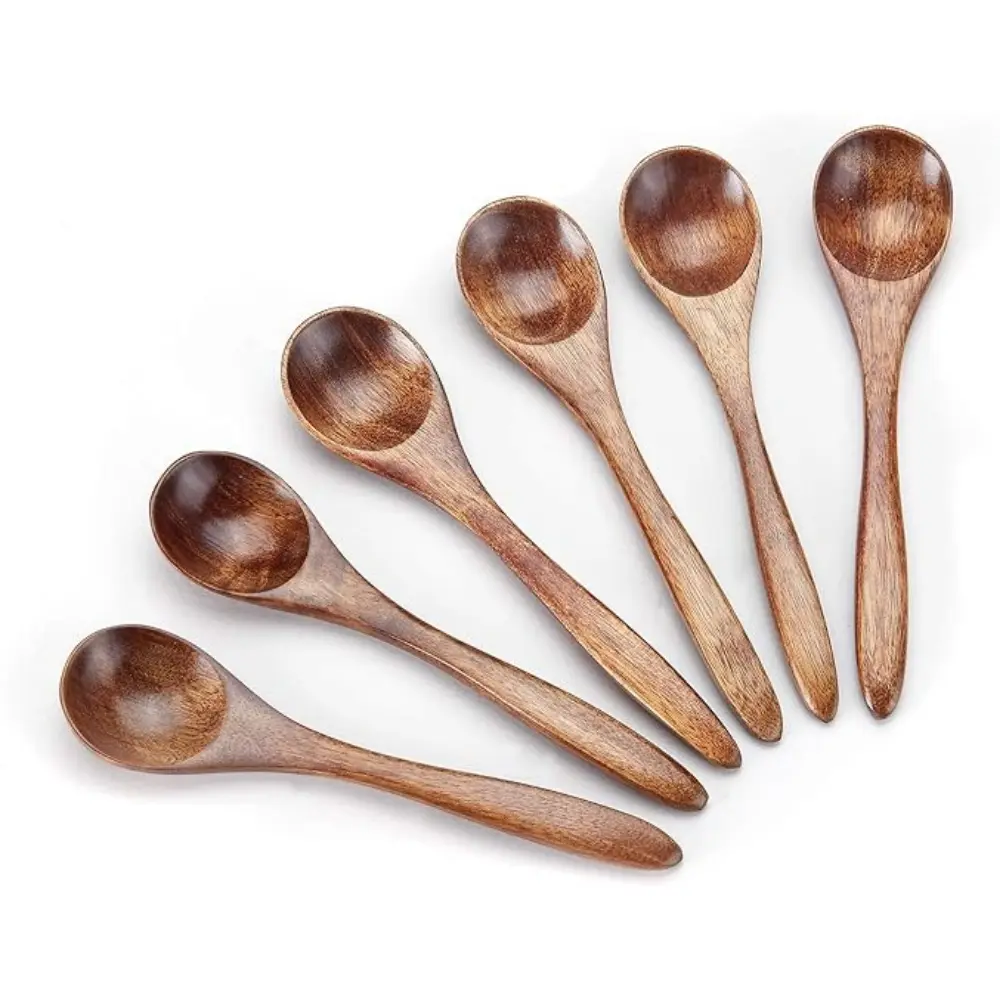6Pcs Mini Wooden Cooking Spoons Set - Cutlery Tableware for Coffee, Honey, Sugar, Salt, Jam, Ice Cream, Dessert - Kitchen Scoop Tool