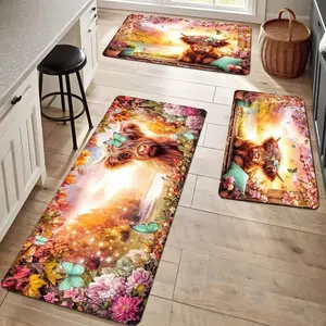 JIT 2/3pcs Kitchen Flannel Spring Highland Cow pattern design Decorative carpet Kitchen carpet set, flannel bedside set floor mat anti-slip washable bedside soft carpet, suitable for kitchen, laundry room, corridor floor running mat carpet