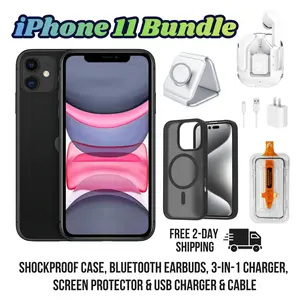 Restored Apple iPhone 11 64GB Black Fully Unlocked Bundle: Bluetooth Headphones, Phone Case, Screen Protector, 3-in-1 Charger & Wall Charger (Refurbished)