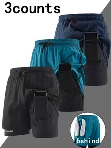 Men's Casual Solid Color Fashion Print Two-In-One Training Sports Quick-Dry Waistband Shorts, 3 Piece Set, Sporty Fitted Style, Streetwear Sports Shorts