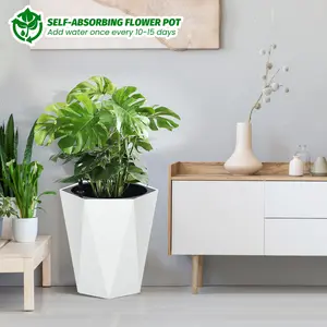Set of 2 Merxent 22.4" Tall Self Watering Planters, Large Plastic Flower Pots with Water Level Gauge, Inner Bucket and 2 Trays, Black Decorative Plant Containers for Indoor Outdoor Patio Porch Home Decor