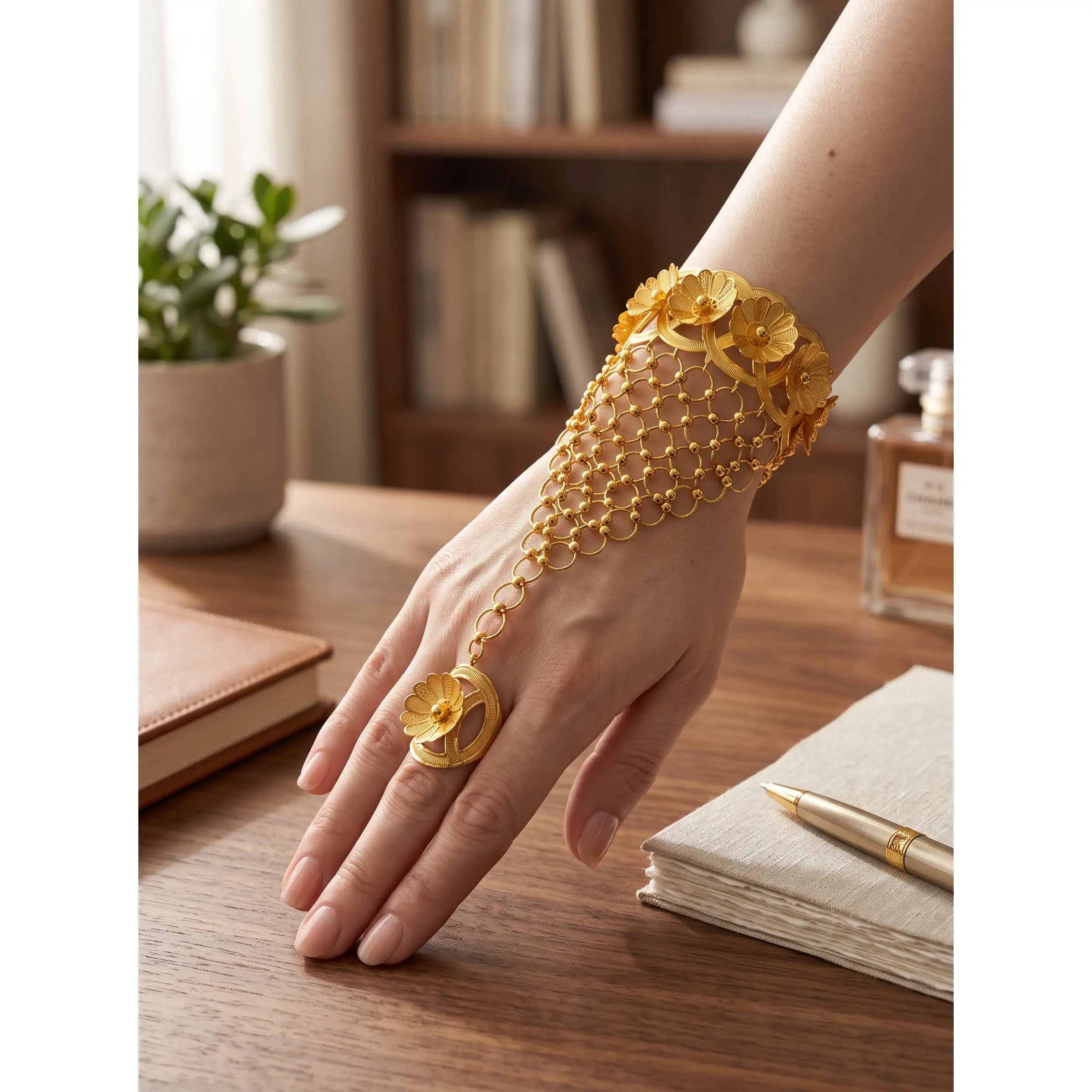 24K Gold-Plated Floral Hathphool Hand Jewelry – Bracelet Ring Chain Set for Women 6094