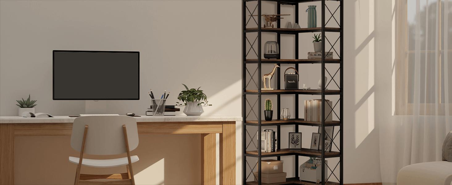 7 Tier Corner Bookshelf with LED Lights, 78.7” High Corner Shelf Storage for Living Room, Study Room, Metal Frame Extra Large Capacity, Flamed Color IF076 7 Tier Corner Bookshelf with LED Lights, 78.7” High Corner Shelf Storage for Living Room, Study Room, Metal Frame Extra Large Capacity, Flamed Color IF076