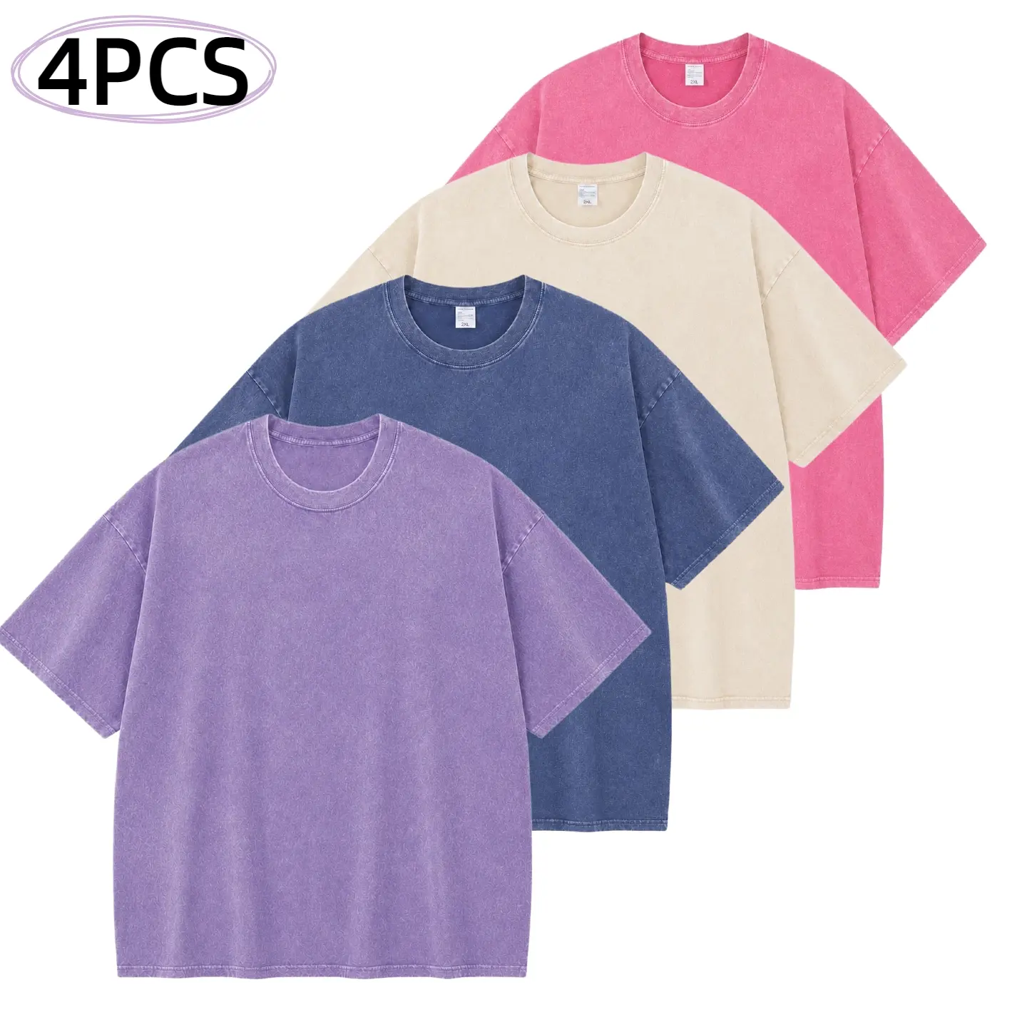 Men's 1/4 Pack Washed Oversized Menswear Cotton T-Shirts, Vintage Streetwear Short Sleeve Plain Round Neck Loose Fit Summer Athleisure Gym Tops, Beige Crewneck, Shortsleeve, Oversized Drape, Vintage Faded Look, Retro Street Vibe, Gym‑Ready Loose Fit