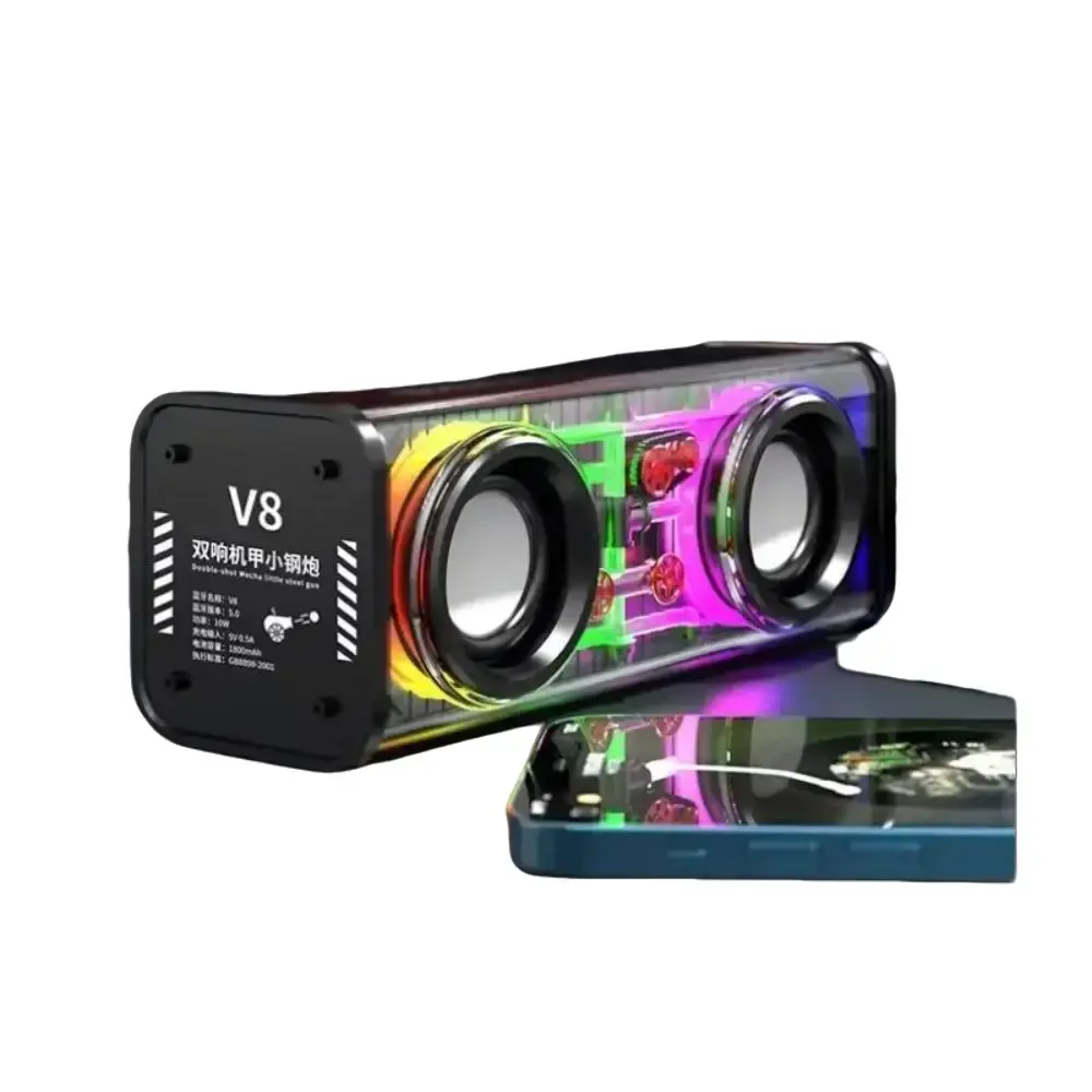 Transparent Mecha Portable Bluetooth 5.0 Audio Stereo Speaker - Wireless Double Bass Diaphragm Subwoofer with TWS RGB Lights, Charging Function for Mini Parties