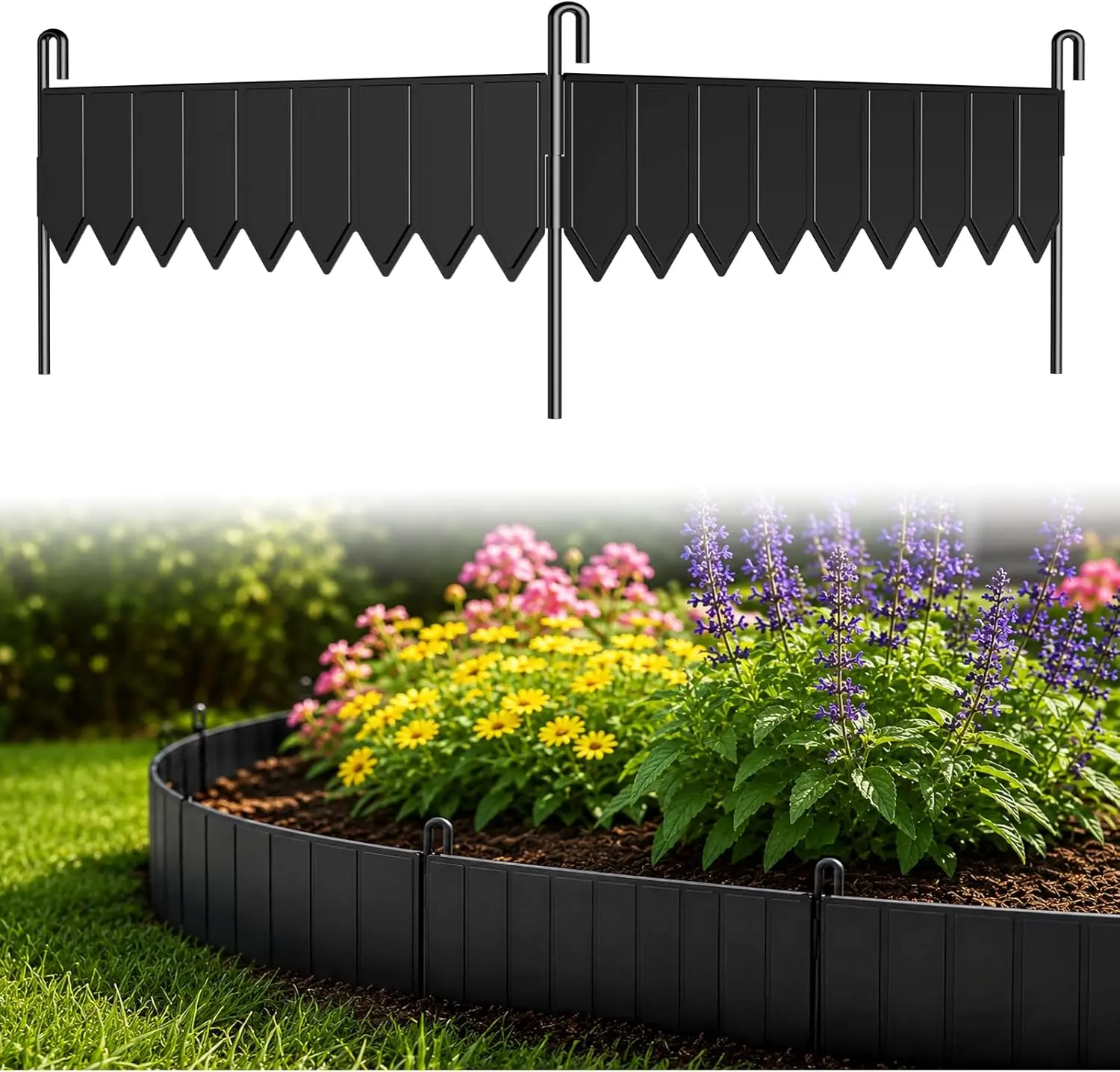 Garden Edging - Black Metal No Dig Modular - 25 Panels, 3.2in H x 33ft L, 26 Stakes, 0-270° Adjustable for Curved Lawn & Flower Bed Borders (Home Improvement Garden Border Supplies)