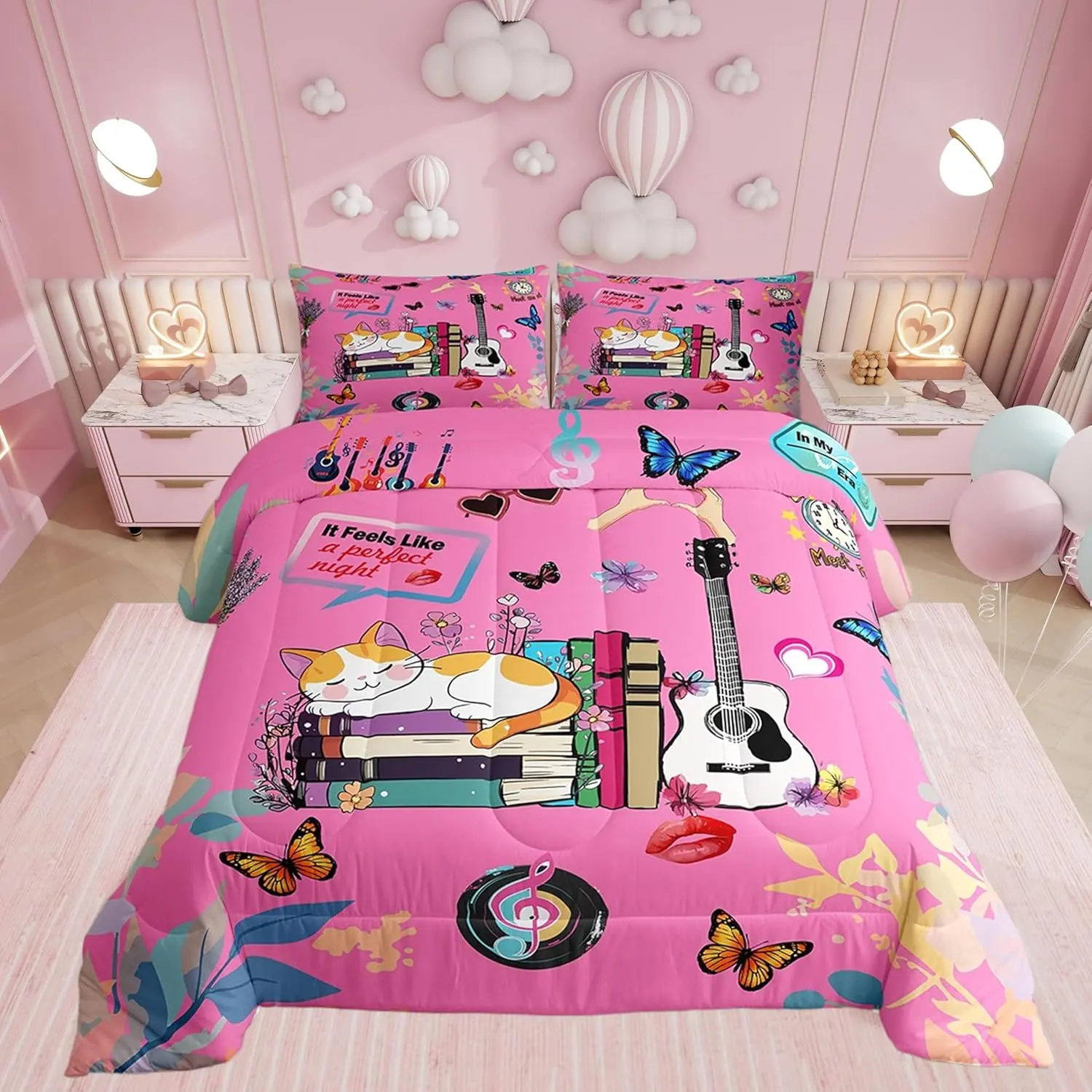 Feelyou Soft Breathable Polyester-Microfibre Duvet Comforter - King, Queen & Multi-Size, Blush Pink Modern Music Theme Bedding with Music Book Cat Design, Machine Washable, Ideal for Modern Bedroom, Camping