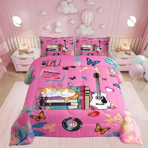 Music Themed Comforter Set,Butterfly Bedding Set,Music Book Cat Down Comforter for Fans Modern Fashion Pink Quilt Set