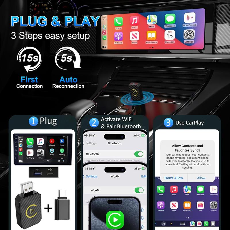 2 in 1 Wireless Apple CarPlay Adapter, for both Apple and Android,converts wired to wireless, suitable for factory wired CarPlay cars from 2016+ Vehicle Auto Automotive Steering Wheel