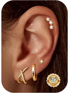 4 Pairs 925 Sterling Silver Small Gold Stud Earrings Stack for Women Hypoallergenic 14k Gold Plated Earring Set for Women Studs Dainty Huggie Hoop Stud Earrings for Multiple Piercing