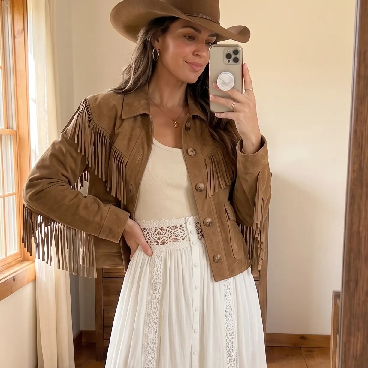 Chicovar Women's Camel Faux Suede Fringe Jacket Cropped Tassel Western Cowgirl Button Down Jacket for Country Concert Shacket Outerwear, Casual, Western Cowgirl Style, Boho Outfits