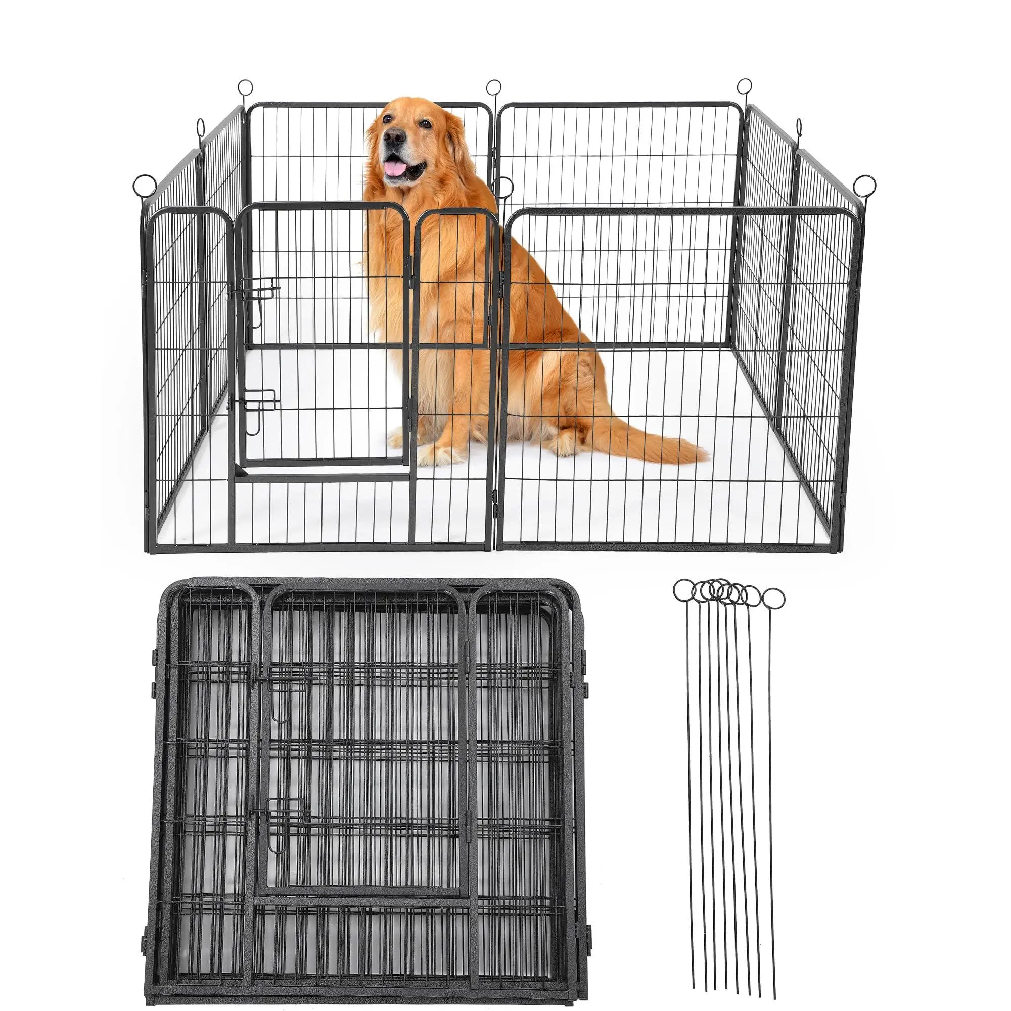 Heavy Duty Metal Dog Playpen with Gate, Portable Exercise Pet Fence for Indoor/Outdoor Use, Indoor Outdoor Dog Enclosure for Large Small Dogs Puppies, Yard RV Camping Friendly