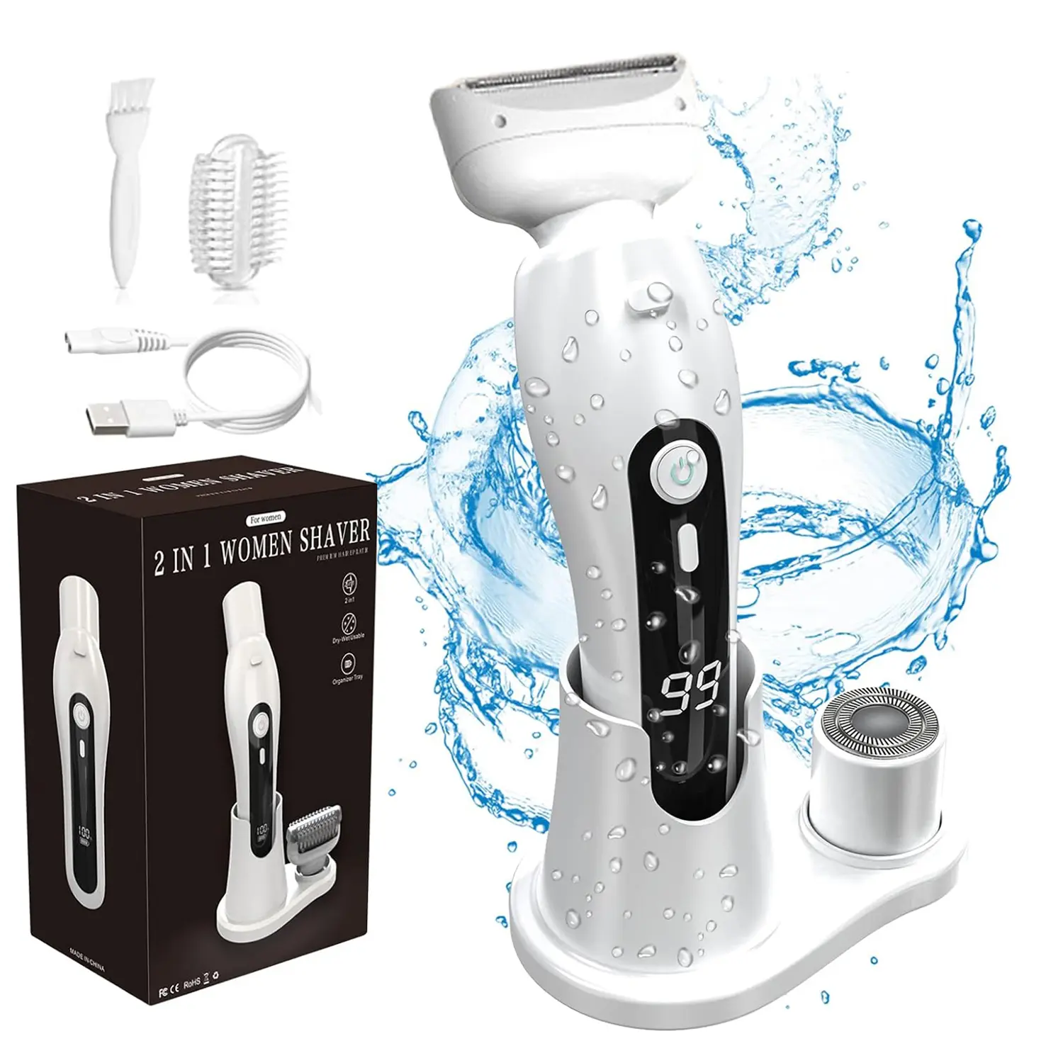 2-in-1 electric shaver, women's electric shaver, women's bikini leg and armpit common hair, Bikini Trimmer, Rechargeable body trimmer, rechargeable shaver, detachable head, cordless for both wet and dry use