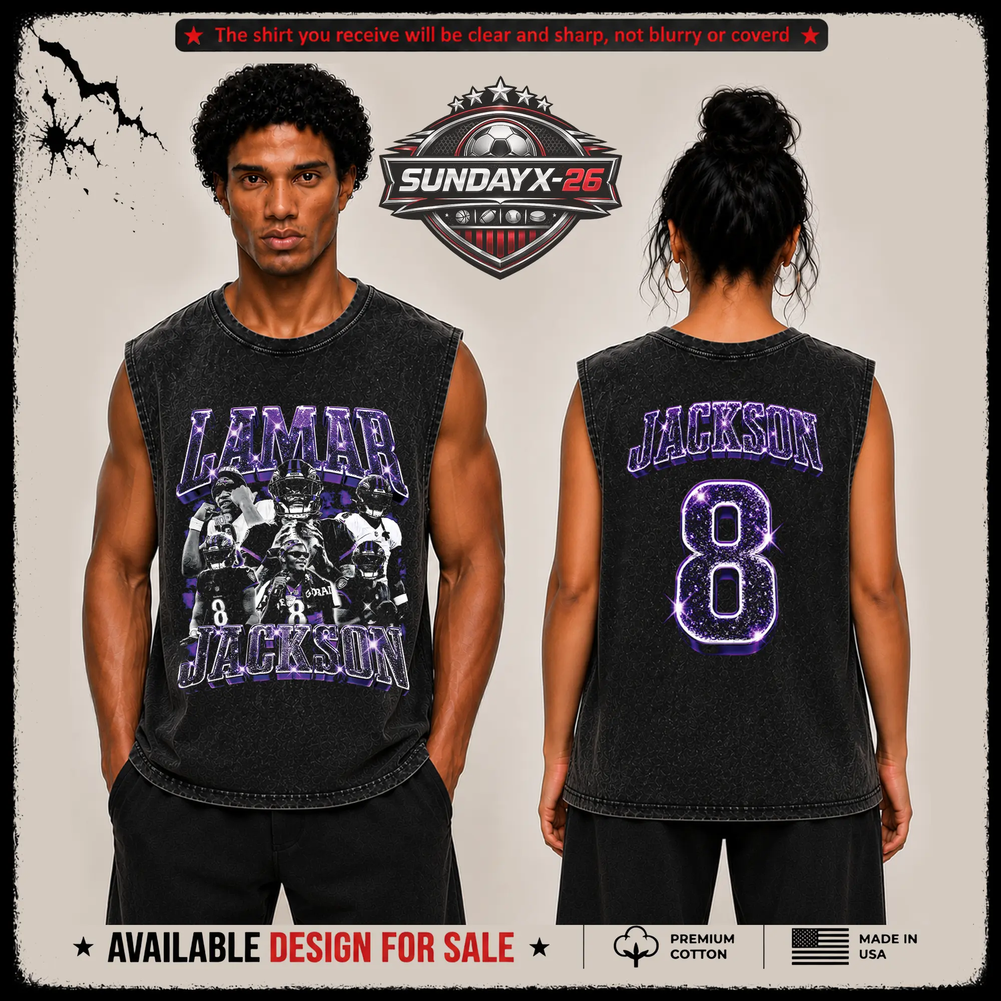 [X-26] Lamar Jackson 8 Graphic Premium Acid Washed Tank-Top (Made in US), Ravens Football Fans Fits High Quality 100% Cotton Sleeveless Shirt, Ravens Flock Outfit, Gift for Football Fans, Boyfriend