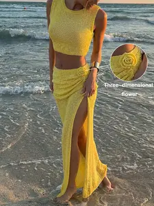 Elegant Women's Knitted Vest Set, Sleeveless Round Neck Half Skirt Fitted, Spring Summer Beach Vacation, Two-Piece Sweater Dress, Womenswear