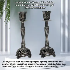 European Vintage Candlestick Set (7.4 Inches), Set of 2, Embossed Sun Pattern, Candle Holders for Sabbath, Wedding and Christmas Ceremonies, White Vintage Tin & Red Vintage Bronze