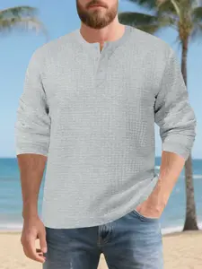 Men's Long Sleeve Henley T-Shirt, American Style Autumn Winter Loose Fit Retro Plaid Pattern, Soft Fabric Casual Top for Men