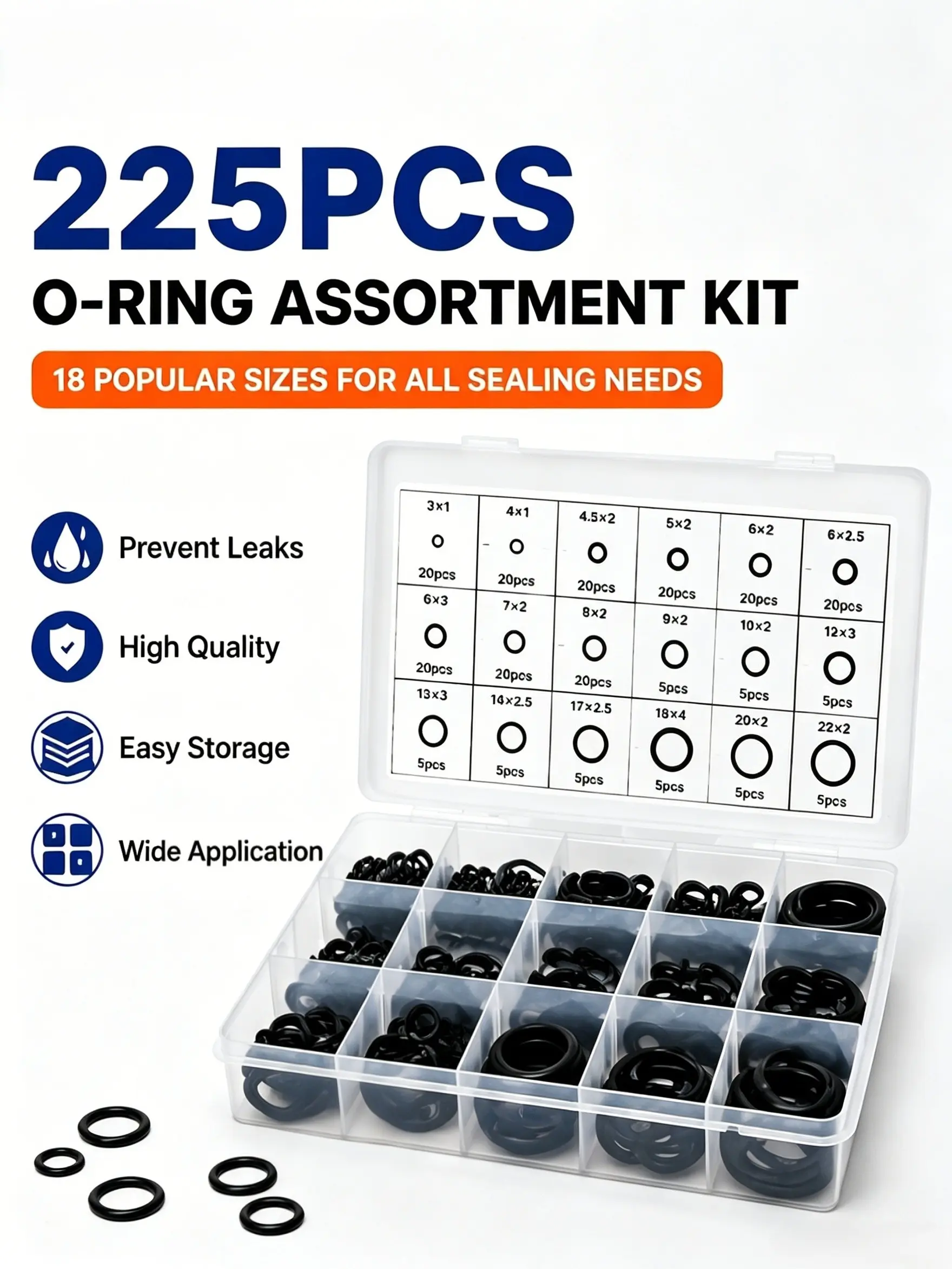 225PCS Nitrile Rubber O-Ring Assortment Kit, 18 Sizes Universal Rubber Seal Gasket Washers, Oil Resistant O Rings for Plumbing, Automotive AC, Faucet, Water Pipe & Machinery Repair#ORingKit#PlumbingRepair#AutoACRepair#HomeDIYTools