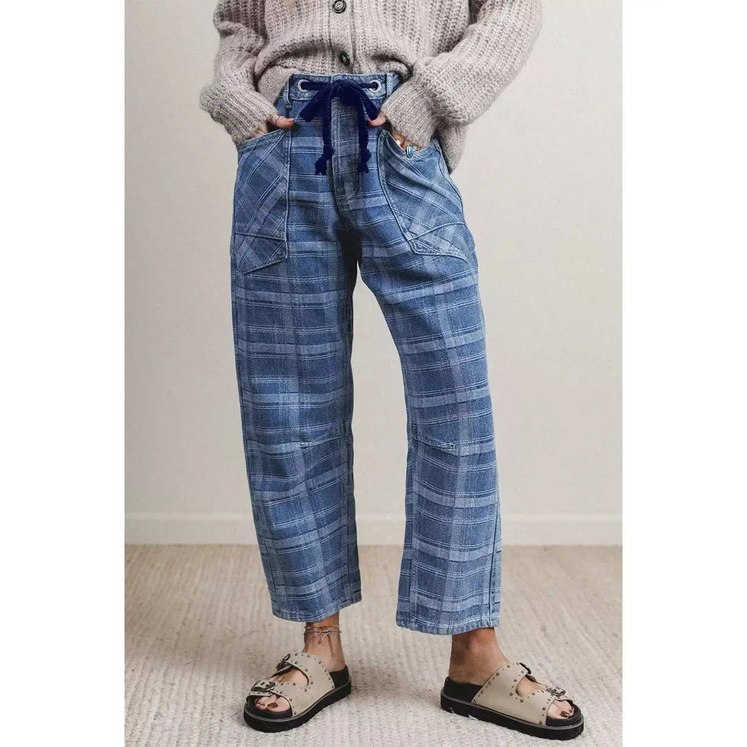 Women's Denim Plaid Jeans, Adjustable Waist with Grommet Drawstring, Ankle-Length, Multi-Size