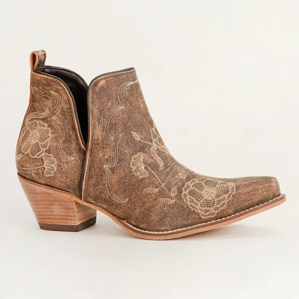 Women's Stylish Flower-Embellished Leather Booties - Loyal West South West Brown Calfskin Shoes