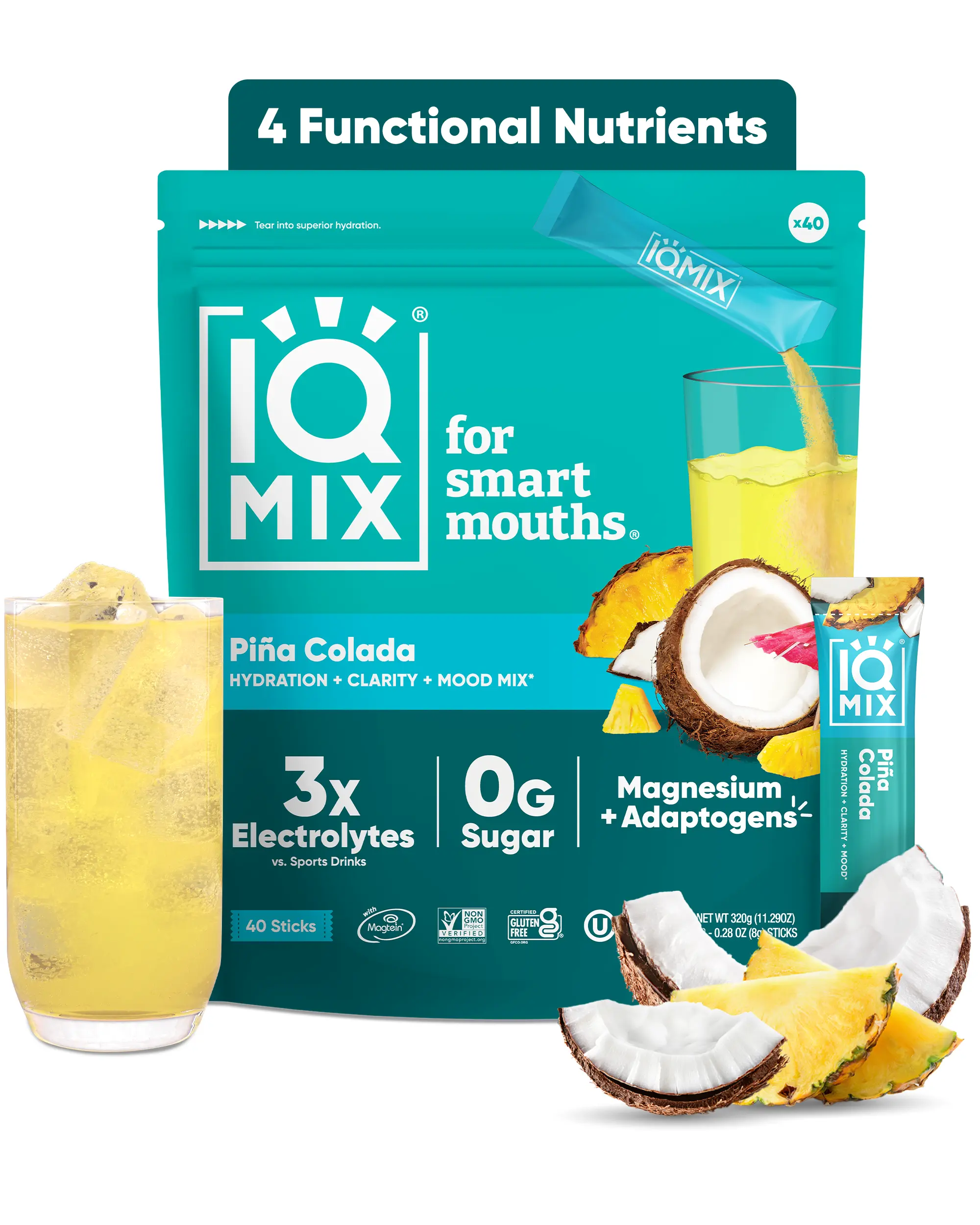 IQMIX Piña Colada Sugar-Free Electrolytes Powder Packets (40 Sticks) - Low Sugar Fitness Hydration Supplement, Magnesium Dietary Powder Drink Daily Supplement