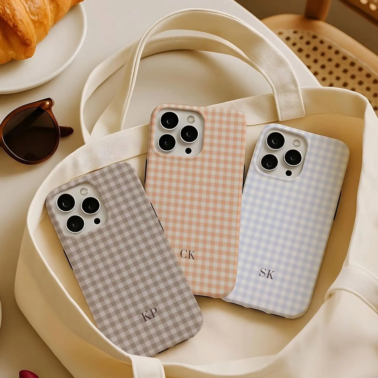 Personalized Monogram Phone Case Cute Gingham Initials iPhone 17 16 15 14 Pro Max, Samsung Galaxy S25 S24 S23, Pixel 9 8 7 Trendy Gift Idea