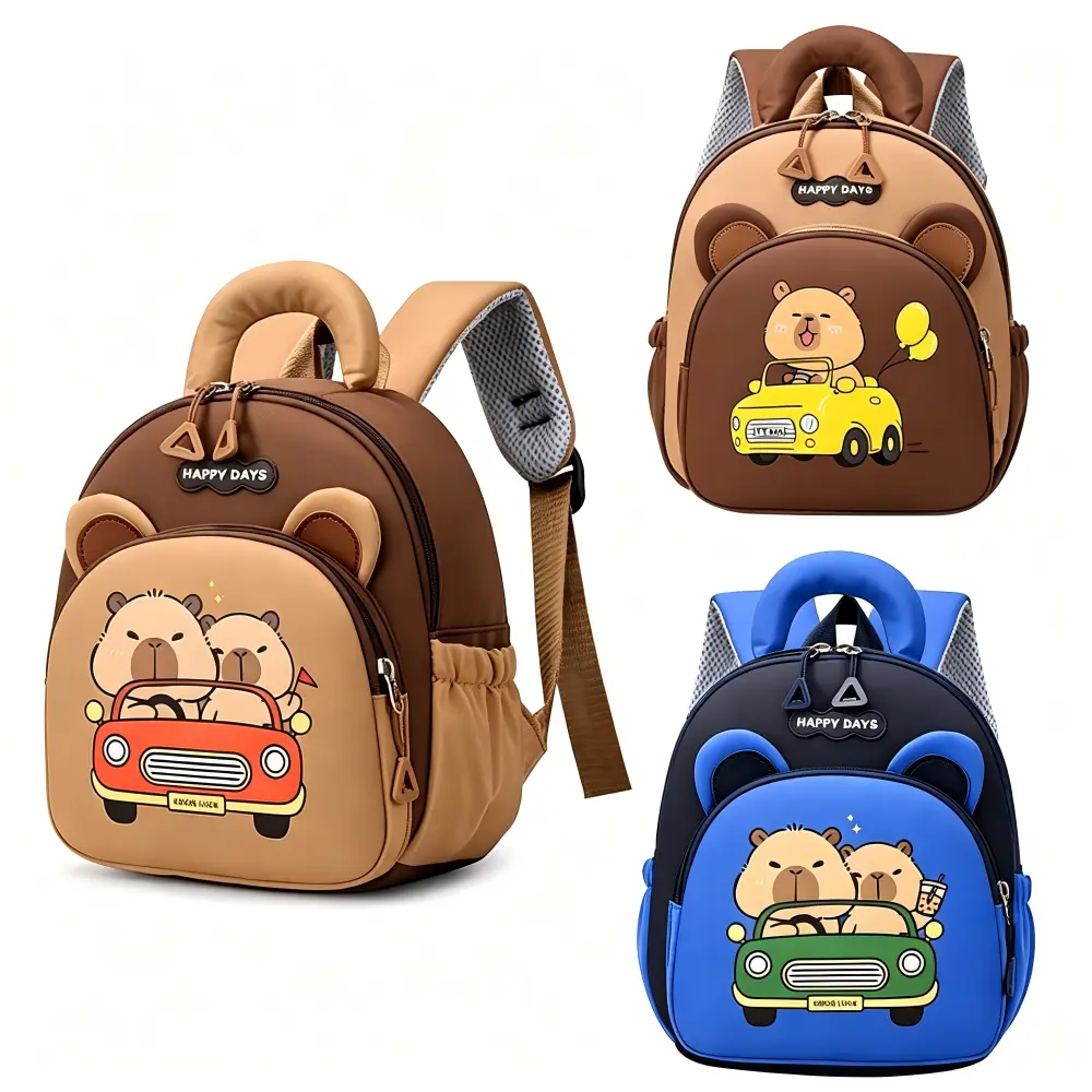 Cute Capybara Nylon Backpack for Kindergarten Kids, Functional School Bag Bookbag
