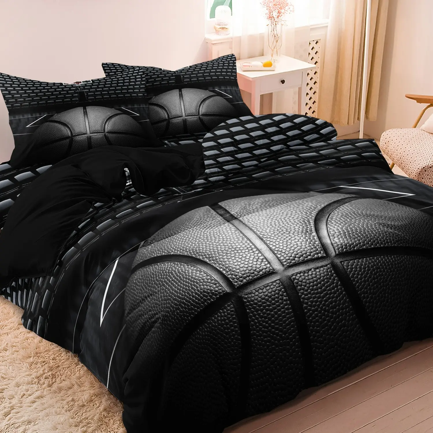 3pcs 2D Flat Basketball Print Duvet Cover Sports Bedding Set With Two Pillowcases For Bedroom Guestroom, Soft & Breathable Microfiber, Machine Washable - Includes 1*Duvet Cover & 2*Pillowcases (Comforter Not Included)