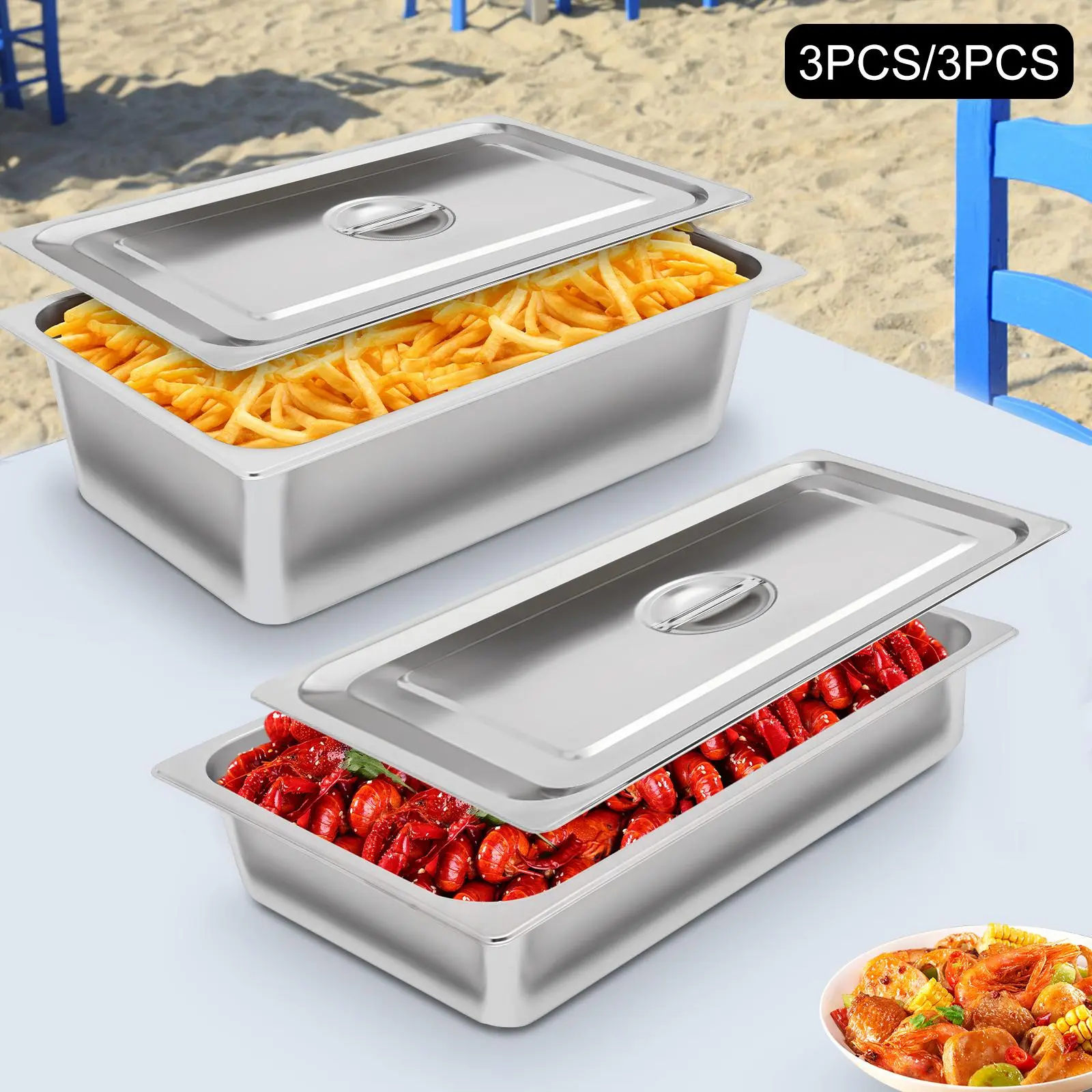 3 Pack Hotel Pan Steam Table Pan Stainless Steel Pans with Lids,Restaurant Pans Stainless Steel Trays for Food,Multi-Function Commercial Cookwares,Stainless Steel Container,11L/9L