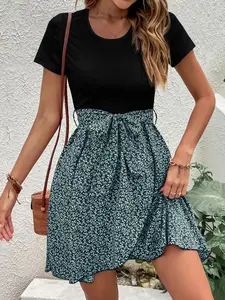 A set of women's casual and gentle style Fitted spliced dress, T-shirt spliced floral short skirt, summer commuting versatile casual skirt, suitable for all seasons, suitable for home, indoor, outdoor wear, Boho, Bohemian