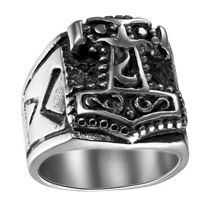 OIDEA Wide Thor's Hammer Mjolnir Stainless Steel Men's Ring Viking Norse Statement Band
