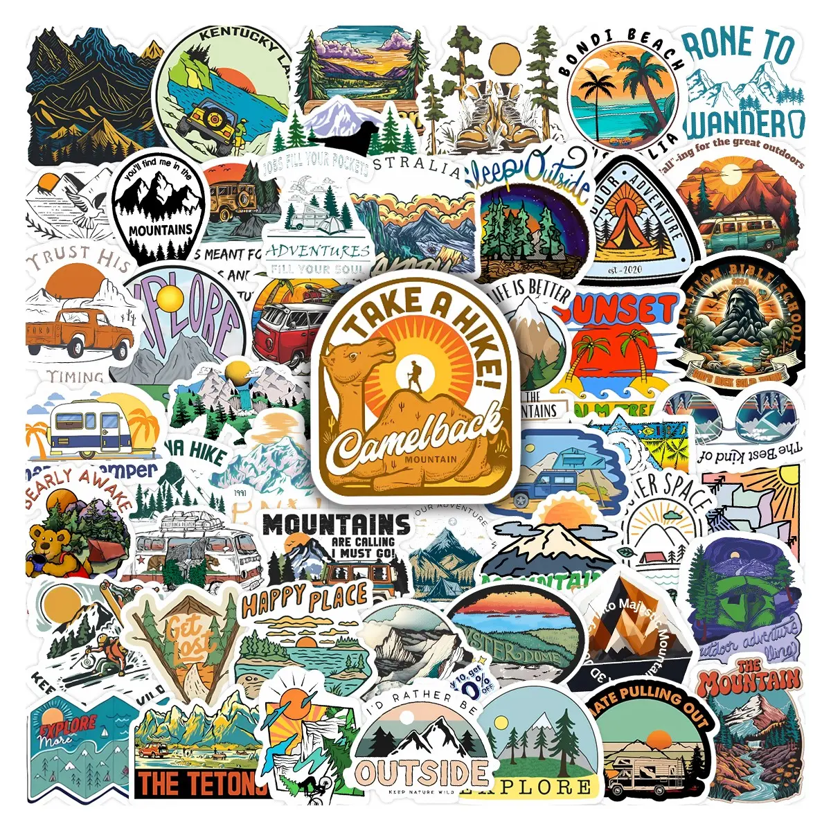50pcs Vintage Mountain Outdoor Adventure Stickers Pack, Sticker Set, Stickers Kit, Waterproof Camping Hiking Nature Decals for Laptop, Water Bottle, Journal & Scrapbook, Outdoor Lover Gift
