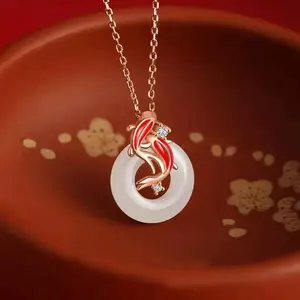 Vivid Koi Fish Peace Amulet Pendant Necklace with Safety Button, Chinese Feng Shui Charm Accessory for Harmony and Lucky Prosperity, Aesthetic Fashion Costume Jewelry Gift