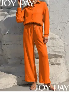 JOYPAY Women's 2-Piece Collared Long Sleeve Button-Up Shirt & Wide-Leg Pants Set, Vibrant Orange, Soft Breathable Fabric, Drawstring Adjustable Waist, Fitted Chic Style Elegant Casual Outfit