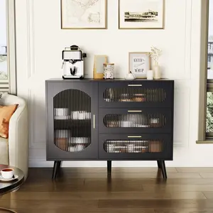 OUTGOODS Modern Buffet Sideboard Cabinet - Fluted Glass Doors & 3 Drawers for Dining, Kitchen, or Living Room - Sleek Storage Solution