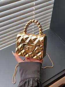 Women's Metallic Texture Rhombus Mini Bag, Glossy Acrylic Chain Crossbody Bag, Fashionable Mini Handbag, Plaid Acrylic Shoulder Bag