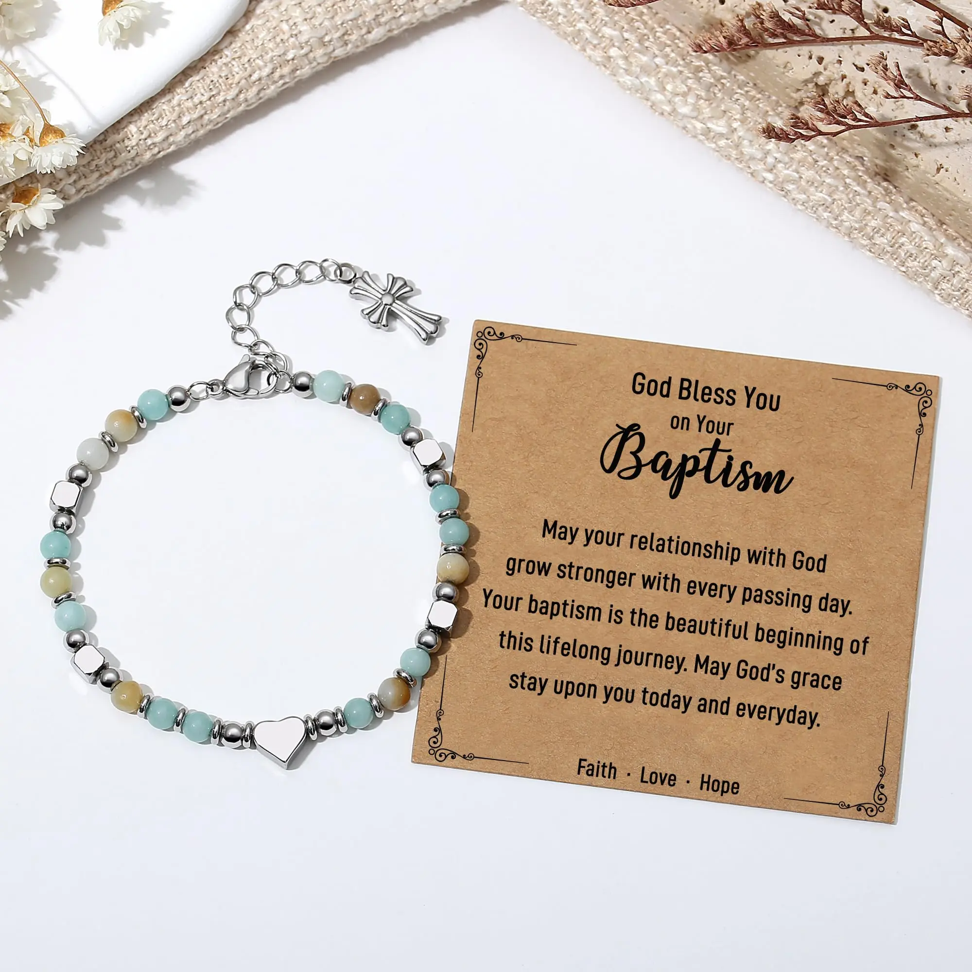 To My Goddaughter On Your Baptism Gift Natural Stone Cross Bracelet from Godmother Godfather Godparents Religious Christian Jewelry Catholic Keepsake Present First Communion Confirmation Meaningful Message Card Dainty Aesthetic Beads