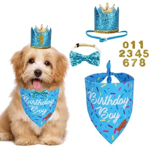 PTDECOR Dog Birthday Party Supplies, Multi Size Birthday Boy Bandana, Blue Crowns Dog Hat Set for Small Pets (Small)