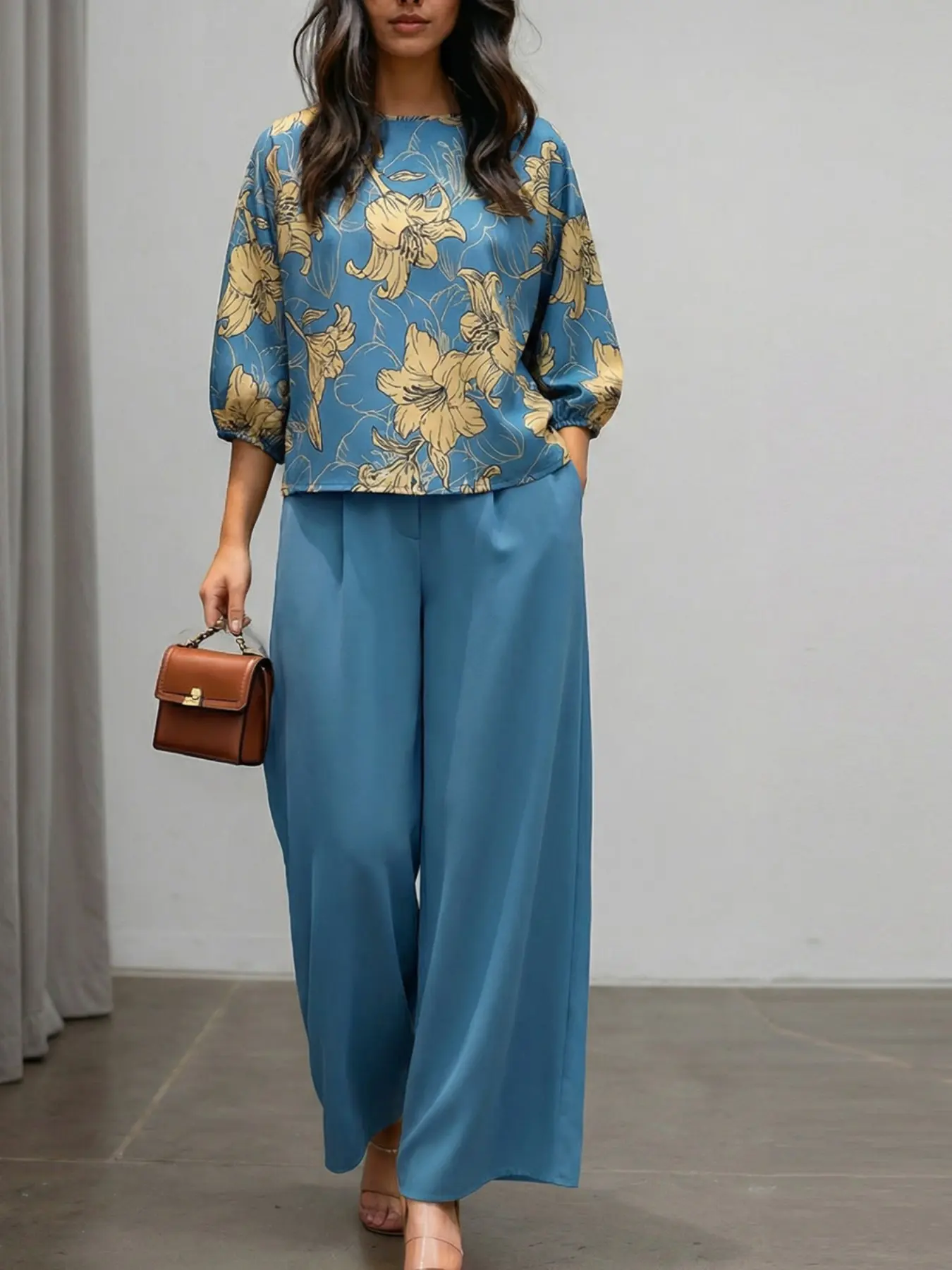 Women's Casual Floral Print Set, Floral Blouse Half-Sleeve + High-Waisted Pants, Loose Fit, All-Season Wear, Perfect for Daily Commuting, Womenswear