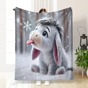 Winter Christmas Snow Donkey Cat Rabbit Animal Theme Blanket, Soft Warm Digital Print Sofa Bed Office Throw, Ideal Holiday Gift, Fluffy Blanket