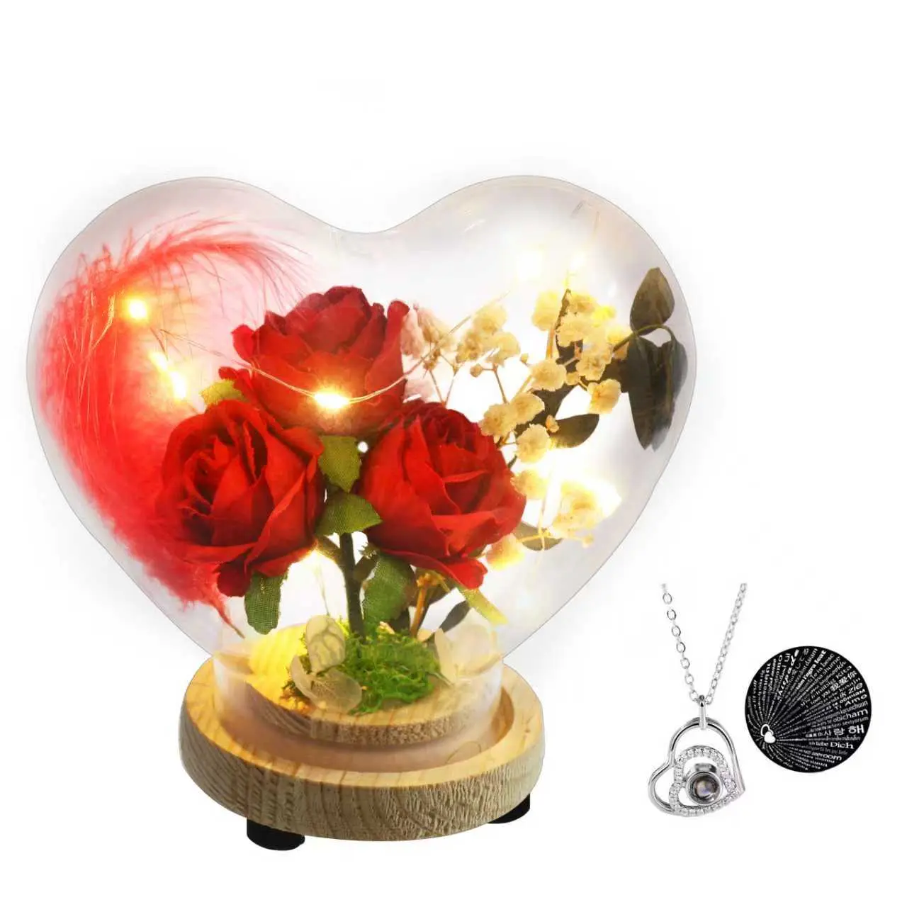Handmade Preserved Rose Heart Flower Set with Glass Cover, Warm LEDs, Necklace & 100-Language "I Love You" Rose Gift Box - Angel Love Gift for Women, Ideal for Valentine's Day, Wedding