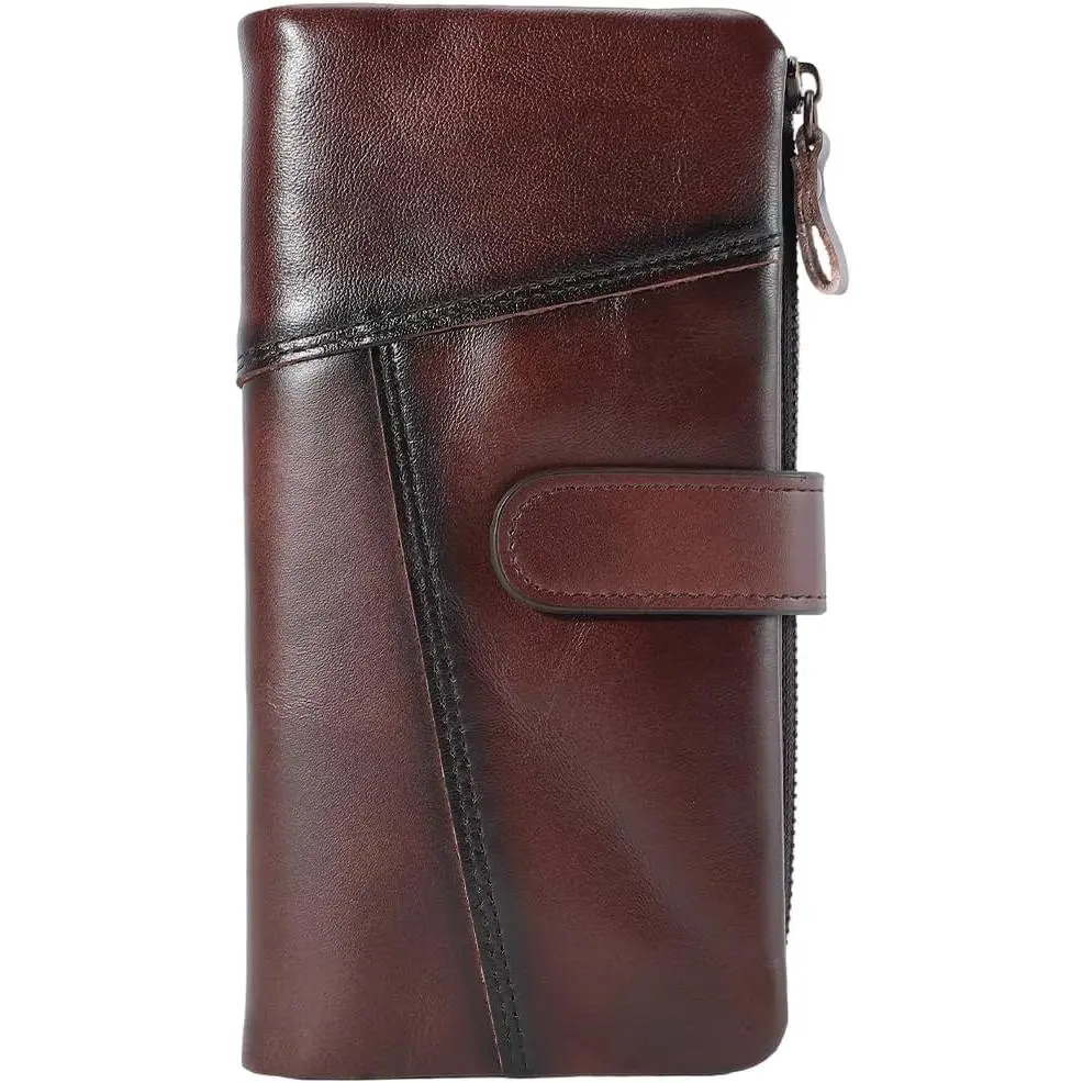Vintage Genuien Leather Long Wallet for Men Checkbook Zipper Card Holder Large Capacity Cowhide Leather Clutch Purse Organizer for Women Cash Wrist Bag Travel
