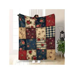 Cozy Vintage Soft Throw Blanket Suitable Sofa Bed Camping Travel - Rustic Bedspread With Multicolor Floral & Checkered/Plaid/Gingham Patches In Burgundy Navy Blue Brown